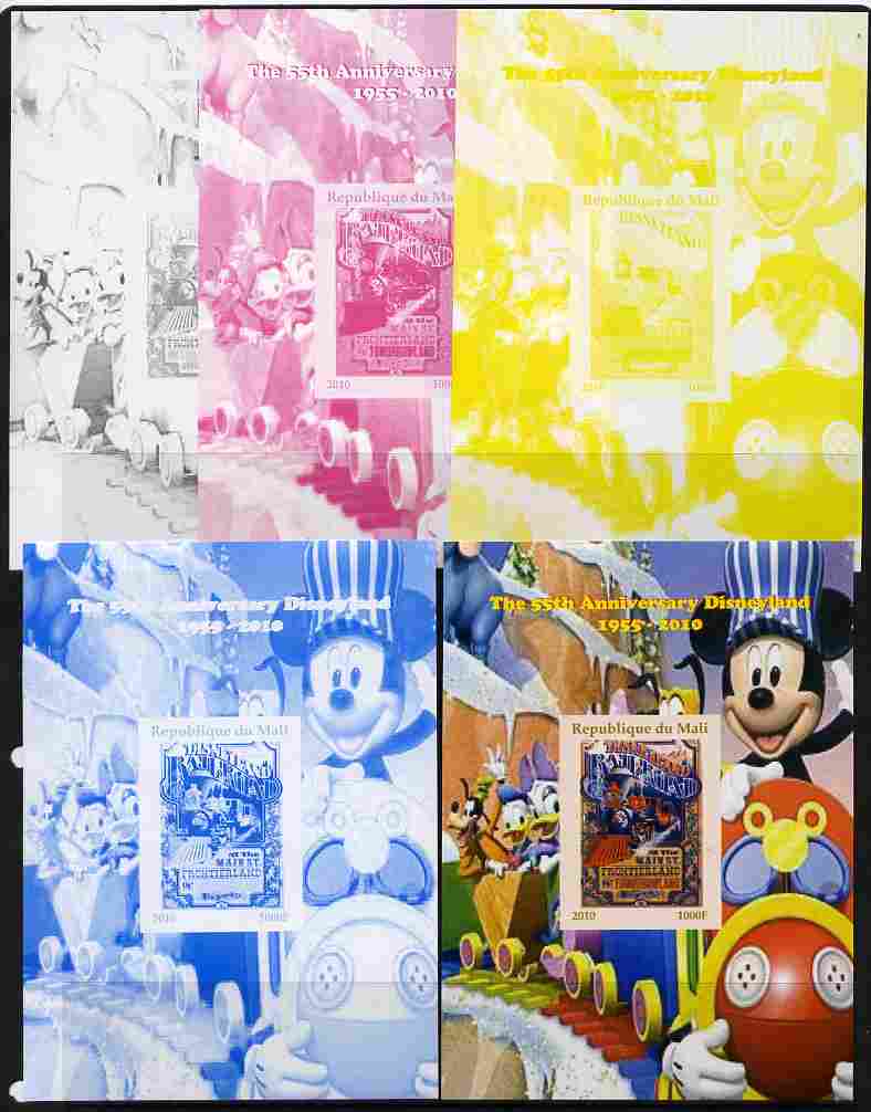 Mali 2010 The 55th Anniversary of Disneyland - Mickey Mouse Railway #04 s/sheet - the set of 5 imperf progressive proofs comprising the 4 individual colours plus all 4-colour composite, unmounted mint, stamps on disney, stamps on films, stamps on cinema, stamps on movies, stamps on cartoons, stamps on railways