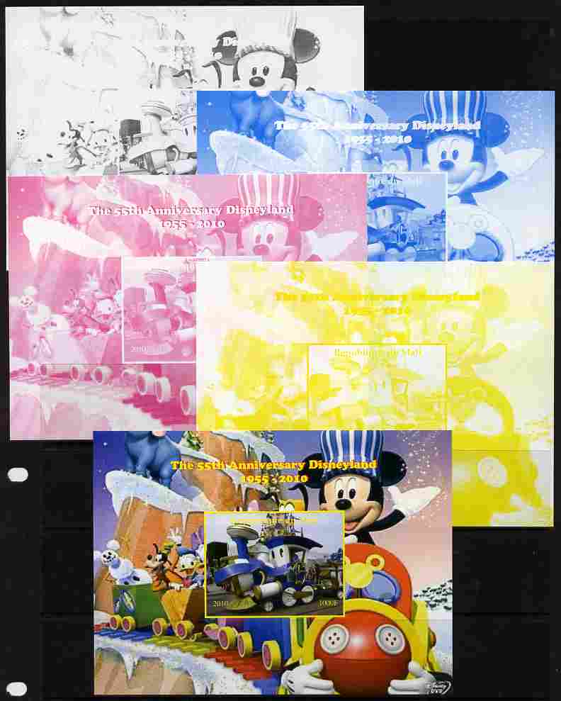 Mali 2010 The 55th Anniversary of Disneyland - Mickey Mouse Railway #05 s/sheet - the set of 5 imperf progressive proofs comprising the 4 individual colours plus all 4-colour composite, unmounted mint, stamps on , stamps on  stamps on disney, stamps on  stamps on films, stamps on  stamps on cinema, stamps on  stamps on movies, stamps on  stamps on cartoons, stamps on  stamps on railways