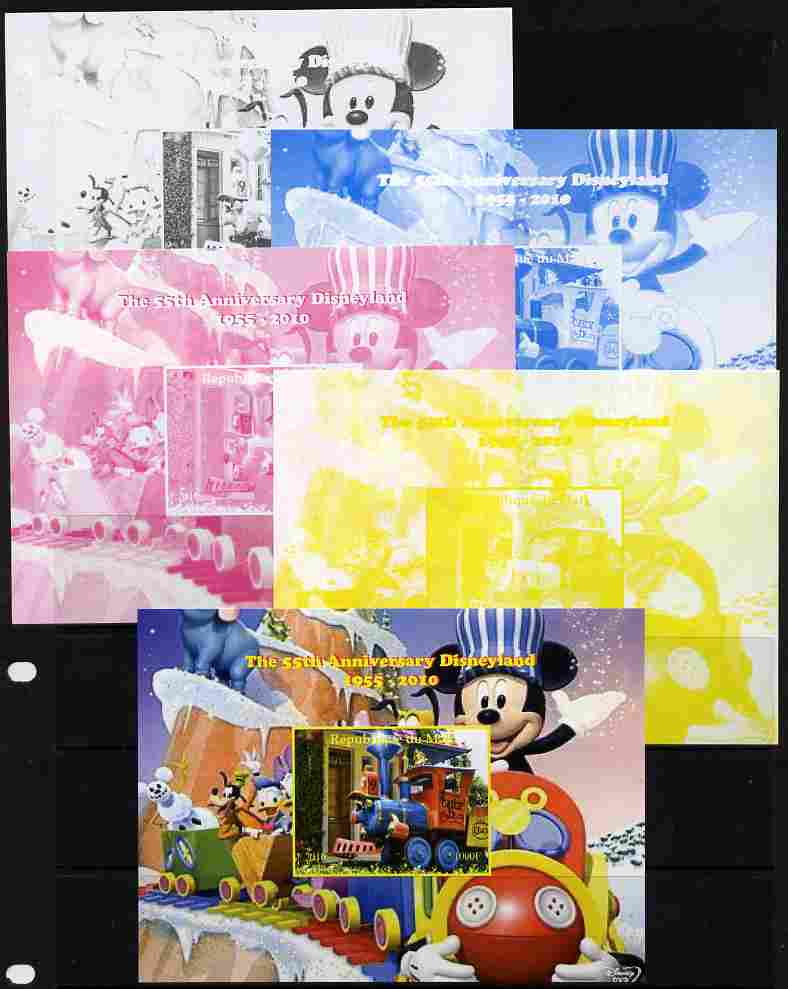 Mali 2010 The 55th Anniversary of Disneyland - Mickey Mouse Railway #07 s/sheet - the set of 5 imperf progressive proofs comprising the 4 individual colours plus all 4-colour composite, unmounted mint, stamps on , stamps on  stamps on disney, stamps on  stamps on films, stamps on  stamps on cinema, stamps on  stamps on movies, stamps on  stamps on cartoons, stamps on  stamps on railways