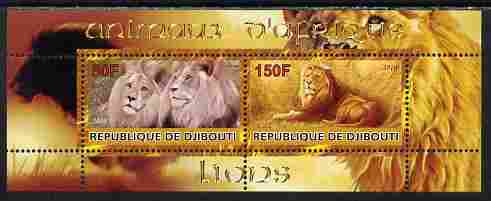Djibouti 2010 Animals of Africa - Lions perf sheetlet containing 2 values unmounted mint, stamps on , stamps on  stamps on animals, stamps on  stamps on cats, stamps on  stamps on lions