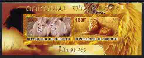 Djibouti 2010 Animals of Africa - Lions imperf sheetlet containing 2 values unmounted mint, stamps on , stamps on  stamps on animals, stamps on  stamps on cats, stamps on  stamps on lions