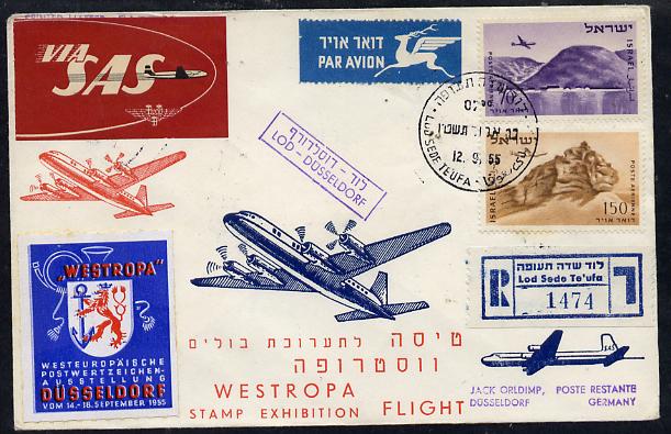 Israel 1955 SAS reg flight cover to Germany for Westropa Stamp Exhibition, bearing special Westropa label, Air stamps with various handstamps and backstamps, stamps on aviation, stamps on postal, stamps on stamp exhibitions, stamps on posthorn