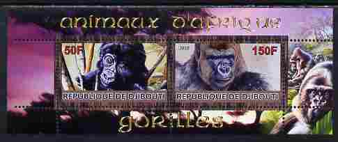 Djibouti 2010 Animals of Africa - Gorillas perf sheetlet containing 2 values unmounted mint, stamps on , stamps on  stamps on animals, stamps on  stamps on gorillas