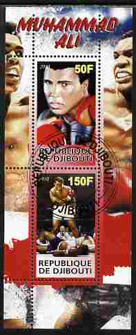 Djibouti 2010 Boxing - Mohammad Ali perf sheetlet containing 2 values fine cto used, stamps on personalities, stamps on sport, stamps on boxing, stamps on  ali , stamps on 