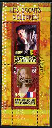 Djibouti 2010 Famous Scouts - Isabel Huppert & Jacques Brel perf sheetlet containing 2 values fine cto used, stamps on , stamps on  stamps on personalities, stamps on  stamps on scouts, stamps on  stamps on films, stamps on  stamps on cinema, stamps on  stamps on movies, stamps on  stamps on music