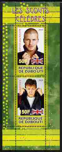 Djibouti 2010 Famous Scouts - David Beckham & Paul McCartney perf sheetlet containing 2 values unmounted mint, stamps on personalities, stamps on sport, stamps on football, stamps on beckham, stamps on scouts, stamps on beatles, stamps on music