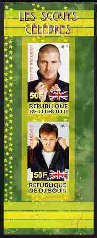 Djibouti 2010 Famous Scouts - David Beckham & Paul McCartney imperf sheetlet containing 2 values unmounted mint, stamps on personalities, stamps on sport, stamps on football, stamps on beckham, stamps on scouts, stamps on beatles, stamps on music