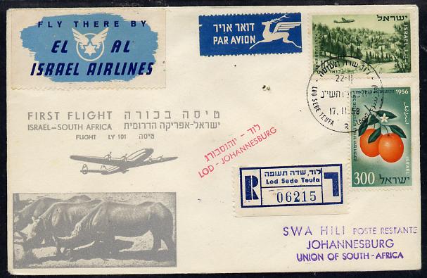 Israel 1958 El-Al reg first flight cover to South Africa, various handstamps & backstamps (illustrated with Rhinos) Flight LY 101, stamps on , stamps on  stamps on aviation      animals