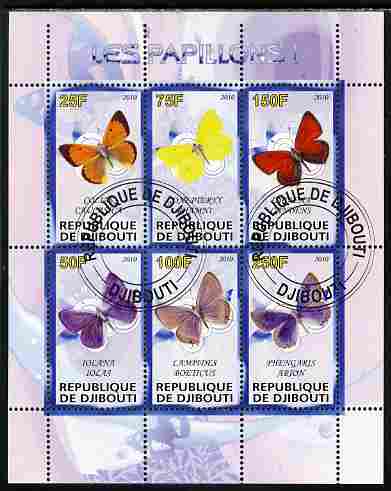 Djibouti 2010 Butterflies #01 perf sheetlet containing 6 values fine cto used, stamps on butterflies