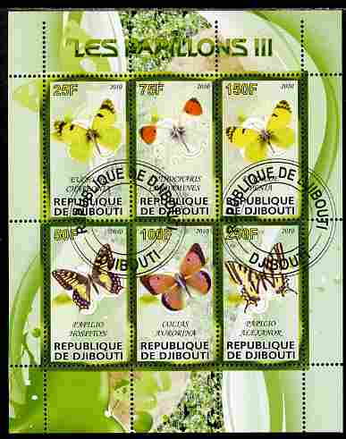 Djibouti 2010 Butterflies #03 perf sheetlet containing 6 values fine cto used, stamps on butterflies