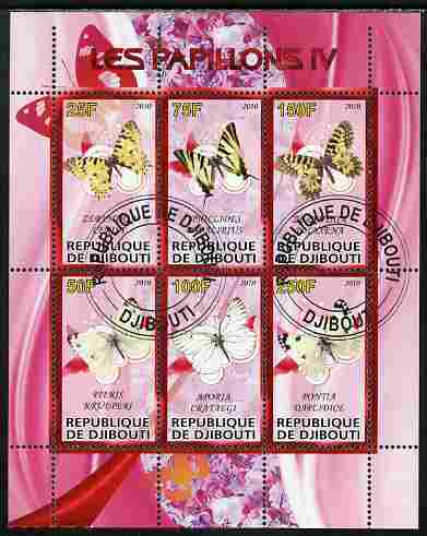 Djibouti 2010 Butterflies #04 perf sheetlet containing 6 values fine cto used, stamps on butterflies