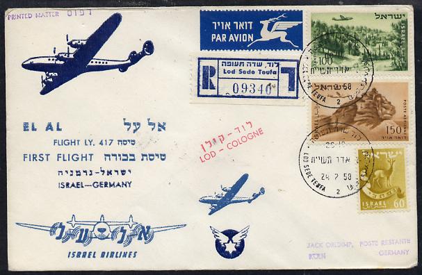 Israel 1958 Israel Airlines reg first flight illustrated cover to Germany, various handstamps & backstamps (Flight LY 417), stamps on , stamps on  stamps on aviation 