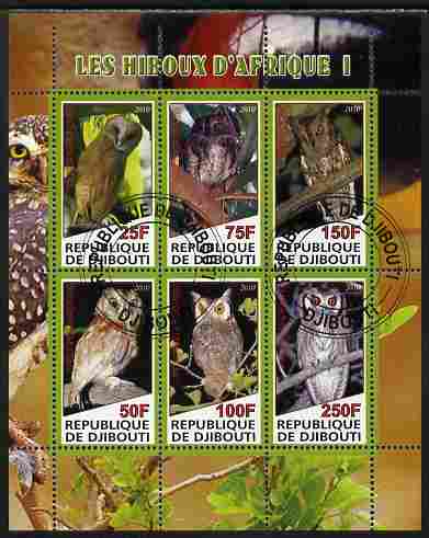 Djibouti 2010 African Owls #01 perf sheetlet containing 6 values fine cto used, stamps on birds, stamps on birds of prey, stamps on owls