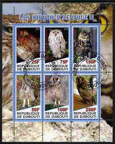 Djibouti 2010 African Owls #02 perf sheetlet containing 6 values fine cto used, stamps on birds, stamps on birds of prey, stamps on owls