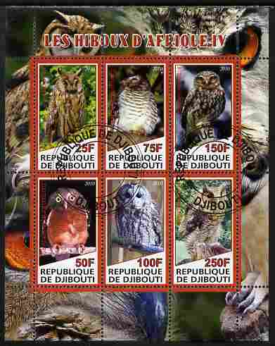 Djibouti 2010 African Owls #04 perf sheetlet containing 6 values fine cto used, stamps on birds, stamps on birds of prey, stamps on owls