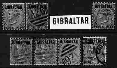 Gibraltar group of eight Photographic prints from Speratis own negatives of 1886 overprint, one with BPA handstamp on back, stamps on forgeries, stamps on forger, stamps on forgery, stamps on sperati