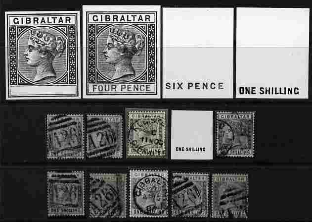Gibraltar group of 14 Photographic prints from Sperati's own negatives of 1886 key plates, four with BPA handstamps on back, stamps on , stamps on  stamps on forgeries, stamps on  stamps on forger, stamps on  stamps on forgery, stamps on  stamps on sperati