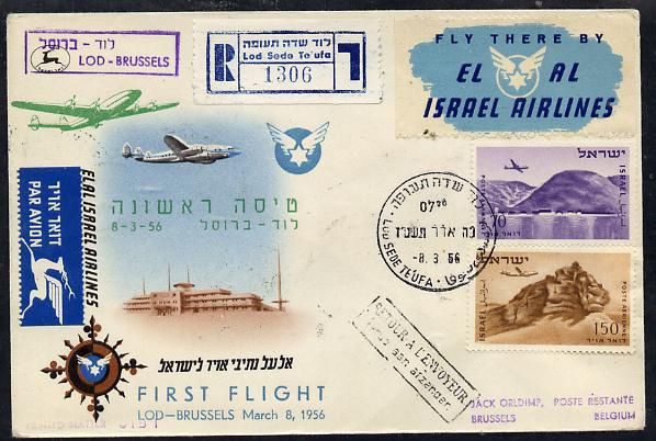 Israel 1956 El-Al Israel Airlines reg first flight illustrated cover to Brussels bearing Air stamps with various handstamps & backstamps, stamps on , stamps on  stamps on aviation     