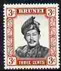 Brunei 1964-72 Sultan 3c black & lake-brown glazed paper unmounted mint SG120a, stamps on houses
