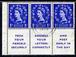 Great Britain 1952-54 Wilding 1d ultramarine Tudor Crown booklet pane of 6 (3 stamps plus Pack Your Parcels Securely) with inverted watermark fine used with good perfs (reinforced) SG spec SB25a, stamps on , stamps on  stamps on booklet pane - great britain 1952-54 wilding 1d ultramarine tudor crown booklet pane of 6 (3 stamps plus pack your parcels securely) with inverted watermark fine used with good perfs (reinforced) sg spec sb25a