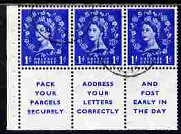 Great Britain 1955-58 Wilding 1d ultramarine Edward Crown booklet pane of 6 (3 stamps plus Pack Your Parcels Securely) with inverted watermark fine used with good perfs S..., stamps on 