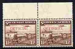 South West Africa 1938 OFFICIAL overprint on Mail Train 1.5d horiz bi-lingual pair unmounted mint SGO17, stamps on , stamps on  stamps on railways, stamps on  stamps on postal, stamps on  stamps on  kg6 , stamps on  stamps on 