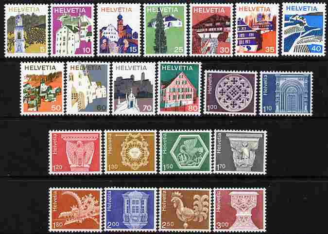 Switzerland 1973-80 Pictorial definitive set of 22 on phosphorescent paper unmounted mint SG 847-66, stamps on , stamps on  stamps on switzerland 1973-80 pictorial definitive set of 22 on phosphorescent paper unmounted mint sg 847-66