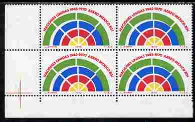 Mexico 1970 25th Anniversary of United Nations 80c corner block of 4 with fine shift of green unmounted mint as SG 1214, stamps on united nations