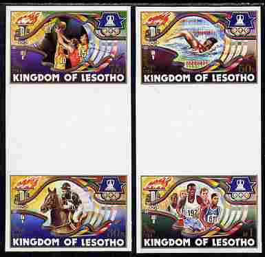 Lesotho 1984 Los Angeles Olympic Games 30s, 50s, 75s & 1m contained in two imperf se-tenant gutter pairs from the uncut proof sheet unmounted mint, stamps on olympics, stamps on swimming, stamps on basketball, stamps on running, stamps on horses