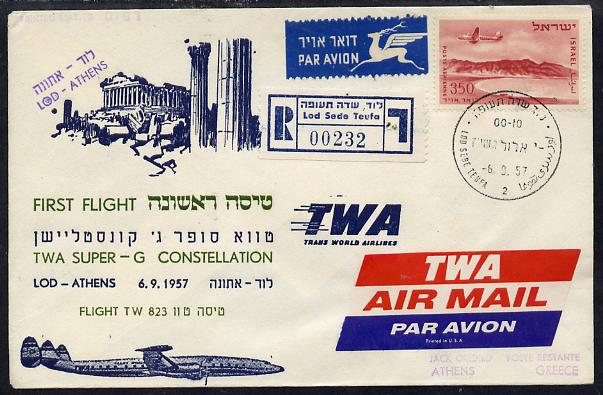 Israel 1957 TWA First flight reg cover to Athens, various handstamps & backstamps (Illustrated with Plane & Parthenon) Flight TW 823, stamps on , stamps on  stamps on aviation      buildings