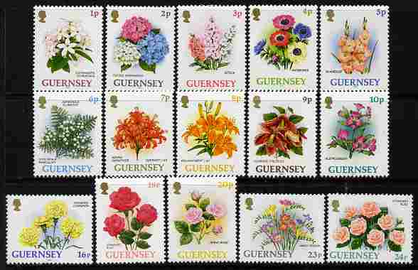 Guernsey 1992-97 Flowers definitive set of 15 values 1p to 24p unmounted mint SG 562-75, stamps on flowers