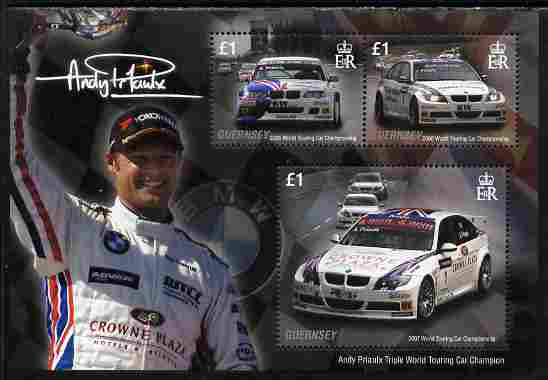 Guernsey 2008 Andy Priaulx's Triple World Touring Car Champion perf sheetlet containing 3 x A31 values unmounted mint, SG MS 1198, stamps on , stamps on  stamps on personalities, stamps on  stamps on cars, stamps on  stamps on racing cars, stamps on  stamps on 