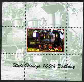 Angola 2001 Walt Disney Railraod #02 individual perf sheet with country name & value in yellow, background in green, inscribed Walt Disneys 100th Birthday unmounted mint , stamps on disney, stamps on movies, stamps on films, stamps on cinema, stamps on railways
