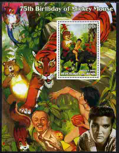 Benin 2003 75th Birthday of Mickey Mouse - Jungle Book (also shows Elvis & Walt Disney) perf m/sheet unmounted mint. Note this item is privately produced and is offered purely on its thematic appeal, stamps on , stamps on  stamps on personalities, stamps on  stamps on movies, stamps on  stamps on films, stamps on  stamps on cinema, stamps on  stamps on fairy tales, stamps on  stamps on elvis, stamps on  stamps on disney, stamps on  stamps on bears