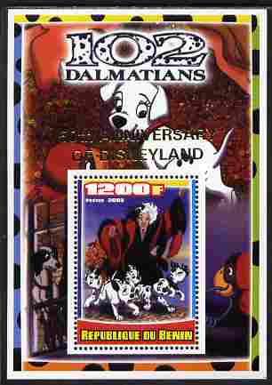 Benin 2005 Disney's 102 Dalmations #1 perf m/sheet overprinted 50th Anniversary of Disneyland in gold unmounted mint. Note this item is privately produced and is offered purely on its thematic appeal, stamps on , stamps on  stamps on disney, stamps on  stamps on filmes, stamps on  stamps on cinema, stamps on  stamps on movies, stamps on  stamps on cartoons, stamps on  stamps on dogs, stamps on  stamps on 