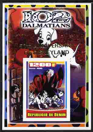 Benin 2005 Disney's 102 Dalmations #1 imperf m/sheet overprinted 50th Anniversary of Disneyland in gold unmounted mint. Note this item is privately produced and is offered purely on its thematic appeal, stamps on , stamps on  stamps on disney, stamps on  stamps on filmes, stamps on  stamps on cinema, stamps on  stamps on movies, stamps on  stamps on cartoons, stamps on  stamps on dogs, stamps on  stamps on 