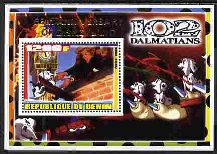 Benin 2005 Disney's 102 Dalmations #2 perf m/sheet overprinted 50th Anniversary of Disneyland in gold unmounted mint. Note this item is privately produced and is offered purely on its thematic appeal, stamps on , stamps on  stamps on disney, stamps on  stamps on filmes, stamps on  stamps on cinema, stamps on  stamps on movies, stamps on  stamps on cartoons, stamps on  stamps on dogs, stamps on  stamps on 