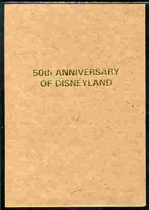 Benin 2005 imperf proof of 50th Anniversary of Disneyland overprint in gold on ungummed brown paper. Note this item is privately produced and is offered purely on its the..., stamps on disney, stamps on filmes, stamps on cinema, stamps on movies, stamps on cartoons, stamps on 