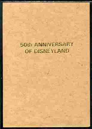 Benin 2005 imperf proof of 50th Anniversary of Disneyland overprint in gold on ungummed brown paper. Note this item is privately produced and is offered purely on its the..., stamps on disney, stamps on filmes, stamps on cinema, stamps on movies, stamps on cartoons, stamps on 