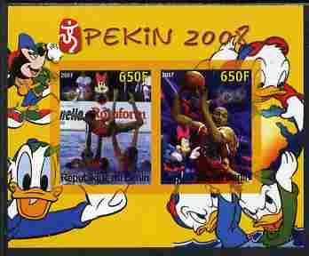 Benin 2007 Beijing Olympic Games #13 - Synch Swimming & Basketball imperf s/sheet containing 2 values (Disney characters in background) unmounted mint. Note this item is privately produced and is offered purely on its thematic appeal, stamps on , stamps on  stamps on sport, stamps on  stamps on olympics, stamps on  stamps on disney, stamps on  stamps on swimming, stamps on  stamps on basketball