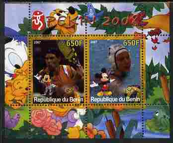 Benin 2007 Beijing Olympic Games #27 - Tennis & Water Polo perf s/sheet containing 2 values (Disney characters in background) unmounted mint. Note this item is privately produced and is offered purely on its thematic appeal, stamps on , stamps on  stamps on sport, stamps on  stamps on olympics, stamps on  stamps on disney, stamps on  stamps on tennis, stamps on  stamps on water polo