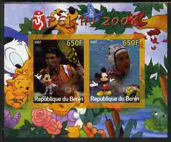 Benin 2007 Beijing Olympic Games #27 - Tennis & Water Polo imperf s/sheet containing 2 values (Disney characters in background) unmounted mint. Note this item is privately produced and is offered purely on its thematic appeal, stamps on , stamps on  stamps on sport, stamps on  stamps on olympics, stamps on  stamps on disney, stamps on  stamps on tennis, stamps on  stamps on water polo