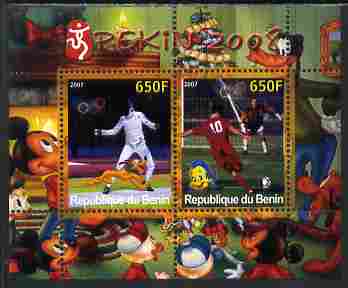 Benin 2007 Beijing Olympic Games #30 - Fencing & Football perf s/sheet containing 2 values (Disney characters in background) unmounted mint. Note this item is privately produced and is offered purely on its thematic appeal, stamps on , stamps on  stamps on sport, stamps on  stamps on olympics, stamps on  stamps on disney, stamps on  stamps on fencing, stamps on  stamps on football