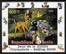 Benin 2008 Beijing Olympics - Disney Characters - Bambi - individual imperf deluxe sheet unmounted mint. Note this item is privately produced and is offered purely on its thematic appeal, stamps on disney, stamps on films, stamps on movies, stamps on cinema, stamps on cartoons