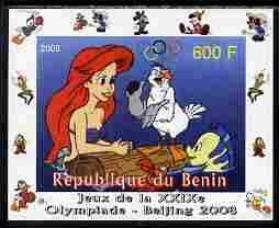 Benin 2008 Beijing Olympics - Disney Characters - The Little Memaid - individual imperf deluxe sheet unmounted mint. Note this item is privately produced and is offered p..., stamps on disney, stamps on films, stamps on movies, stamps on cinema, stamps on cartoons