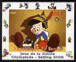 Benin 2008 Beijing Olympics - Disney Characters - Pinocchio - individual imperf deluxe sheet unmounted mint. Note this item is privately produced and is offered purely on its thematic appeal, stamps on , stamps on  stamps on disney, stamps on  stamps on films, stamps on  stamps on movies, stamps on  stamps on cinema, stamps on  stamps on cartoons, stamps on  stamps on 