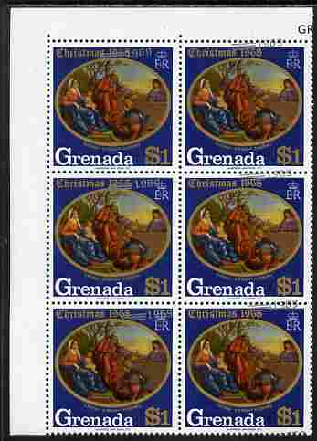 Grenada 1969 Christmas 1969 $1 value corner block of 6 with silver (new date) misplaced obliquely unmounted mint, stamps on christmas