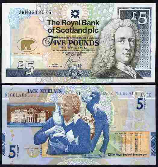 Great Britain - Scotland 2005 Jack Nicklaus  note issued by Royal Bank of Scotland unfolded and fine, stamps on personalities, stamps on golf