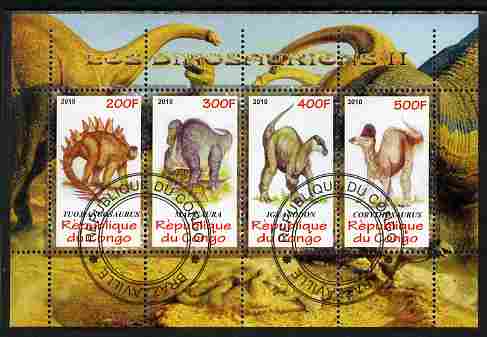 Congo 2010 Dinosaurs #02 perf sheetlet containing 4 values fine cto used, stamps on , stamps on  stamps on dinosaurs