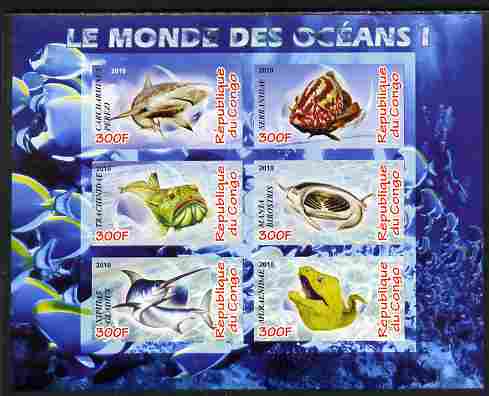 Congo 2010 Ocean Life #01 imperf sheetlet containing 6 values unmounted mint, stamps on , stamps on  stamps on marine life, stamps on  stamps on fish